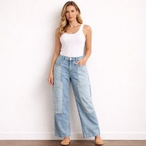 Bohme Wide Leg Jeans Womens 30 Light Wash Pinstripe Patch Utility FL2112HR-BH‎